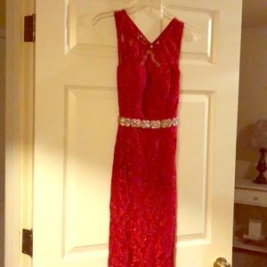 Floor length red shimmer formal dress